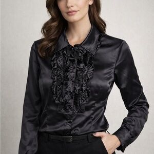 Elegant Black Satin Ruffle Blouse